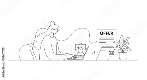 Vector illustration of woman working on laptop with job offer