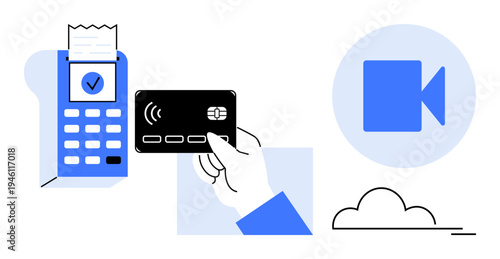 Contactless transactions, digital payments, e-commerce, online security, video communication, technology interface. Hand holding credit card beside payment terminal and video icon. Contactless