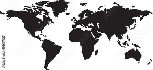 World Map Silhouette: Black Vector Map of Earth's Continents Isolated on White