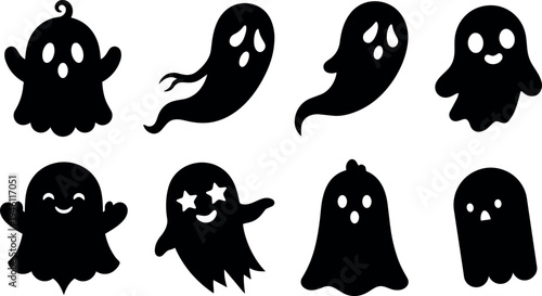 Cute flat design collection of smiling and scared ghost icons with varied shapes and expressions for halloween decoration and seasonal designs