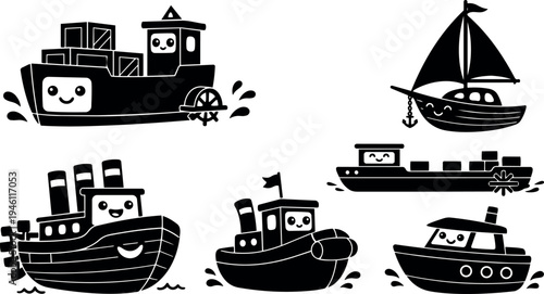 Friendly black and white vector art of six smiling boats and ships with faces sailing on water waves in playful cartoon style