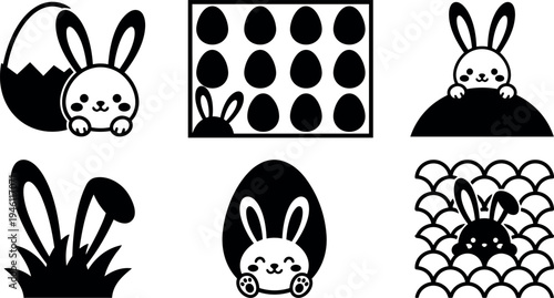 Minimalist black and white vector art of smiling bunny with egg patterns and grass in simple shapes easter celebration design