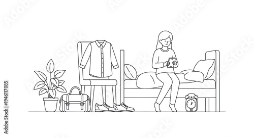 Line drawing of woman sitting on bed with clothes and plants