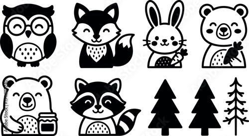 Cute black and white vector icons of smiling animals including owl with glasses fox rabbit and bears holding carrot and honey with pine trees