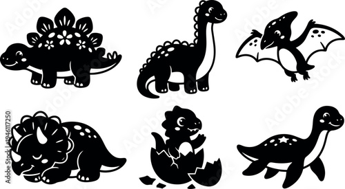Cute black and white cartoon style baby dinosaurs including stegosaurus triceratops hatching from egg smiling happy playful vector art collection