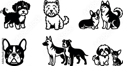 Black and white vector art of various dog breeds including terrier corgi husky french bulldog and others standing and sitting poses smiling faces