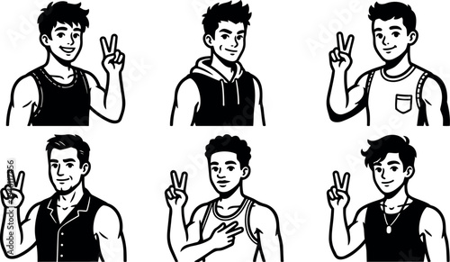 Cartoon style six young men showing peace sign with different hairstyles wearing casual sleeveless and hooded tops black and white vector art