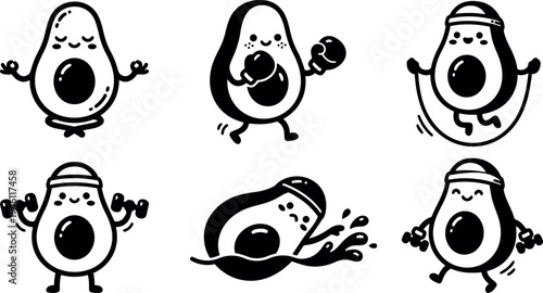 Cute hand drawn cartoon avocado characters exercising yoga boxing jumping rope lifting dumbbells swimming and running in fitness routine