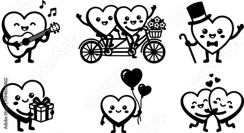 Cute black and white hearts characters playing guitar riding tandem bike holding balloons giving gift and hugging happy love concept vector art