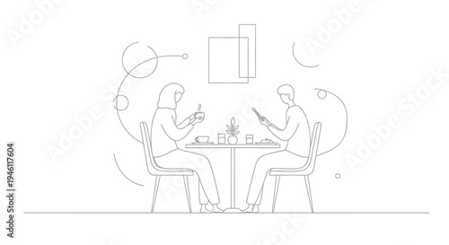 Vector illustration of couple dining at table with abstract lines