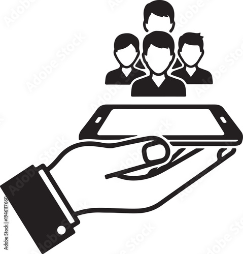 Digital Networking Icon: Hand Holding Smartphone with People Silhouettes