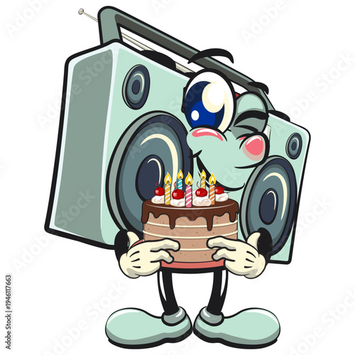 cute retro boombox radio mascot character bring a birthday cake, isolated vector illustration, work of hand drawn