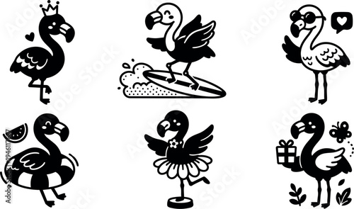 Cute black and white vector art of flamingos in different playful poses with crown sunglasses surfboard flower skirt swimming and gift holding