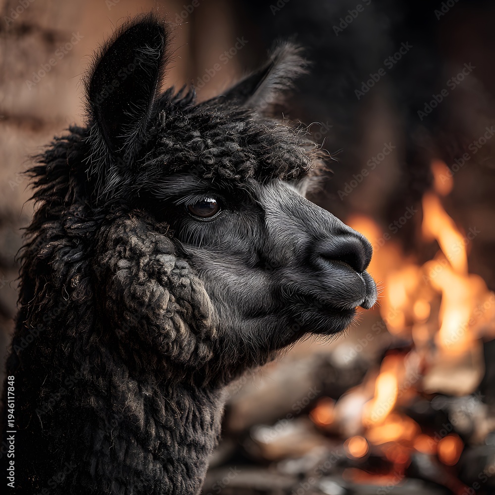 Naklejka premium Detailed close-up portrait of a dark-furred alpaca with a focused gaze, illuminated by soft firelight.