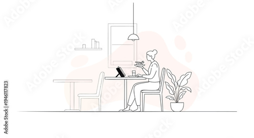Vector illustration of a woman working on laptop in a modern office