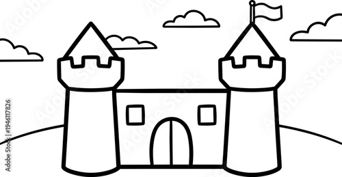 Simple black and white line art castle with two towers a flag clouds and hills in landscape orientation vector illustration