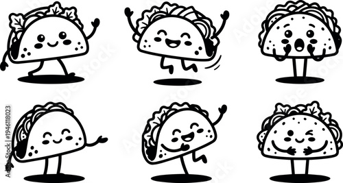 Black and white line art happy kawaii taco jumping smiling and winking cartoon characters set with playful poses and cheerful expressions