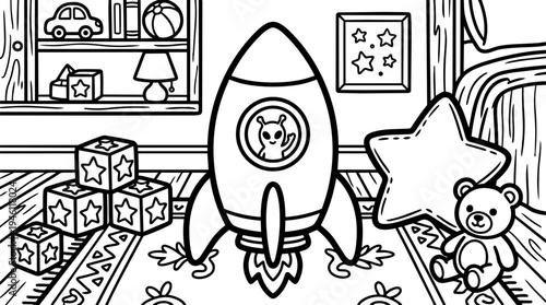 Black and white line art rocket toy with alien inside surrounded by star blocks and teddy bear in childrens room interior