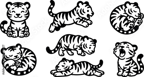 Cute tiger cubs in various poses including sitting smiling crawling jumping yawning and sleeping black and white vector art