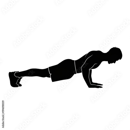 Black silhouette of a man doing pushups on a in a fitness or exercise setting with a strong muscular build