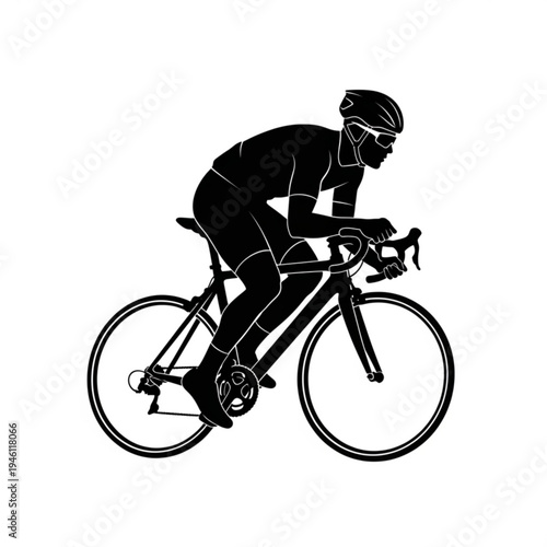 A black silhouette of a cyclist riding a bicycle with helmet and gear