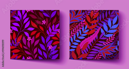 Seamless vector tropical leaf patterns set in rich jewel tones with red, purple, blue foliage. Ideal for wallpaper, textile, fabric, wrapping paper, packaging, stationery, home decor, surface design.