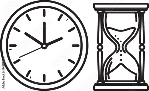 Clock and Hourglass Line Art: Time Management and Deadline Concept