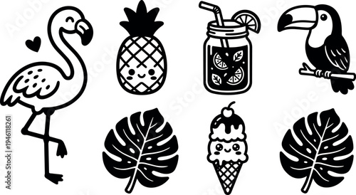 Cute tropical vector art set with flamingo toucan pineapple ice cream lemon drink and monstera leaves in black line style