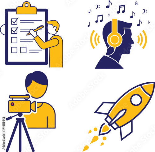 A collage of four illustrations representing different tasks