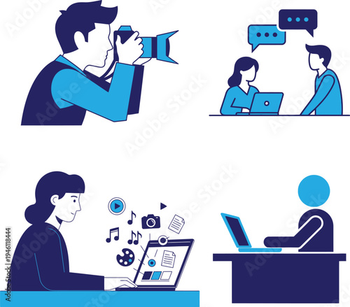 People using technology for creative and communication purposes