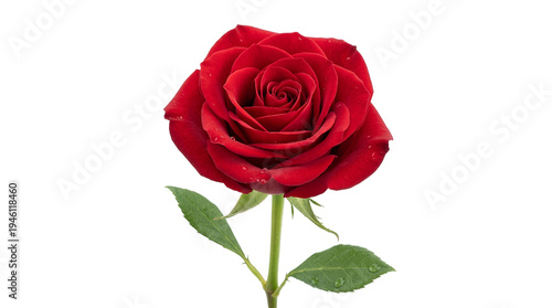Vibrant red rose with delicate water droplets on petals and green leaves, isolated on transparent background, perfect for romantic designs PNG