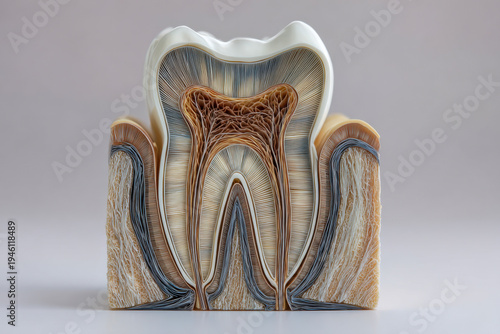 Detailed anatomical model of a human tooth showing enamel, dentin, pulp chamber, and root structure with nerve and blood vessel pathways for dental education and res