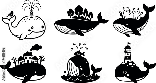 Cute black and white whale vector illustrations with birds cats trees houses lighthouse and fish playful whimsical style