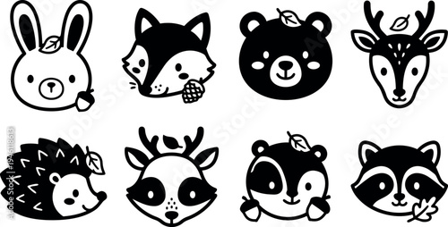 Cute black and white vector animal faces including rabbit fox bear deer hedgehog raccoon chipmunk with leaves and acorns