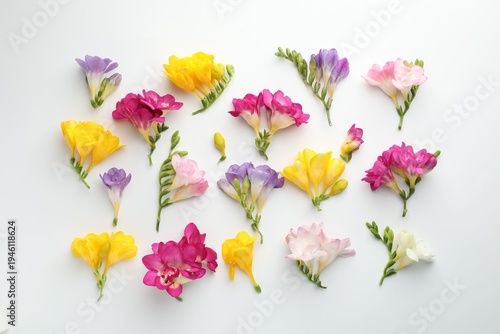 Beautiful freesia flowers on white background, flat lay