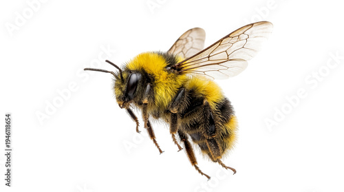Photos Fluffy yellow and black bumblebee in mid-flight, captured with intricate detail,