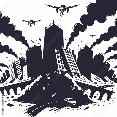 Destruction and Chaos A City Under Attack with Missiles and Smoke