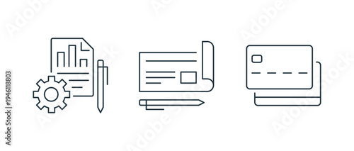 Minimal finance and payment line icon set including wallet, money transfer, credit card, banking document, invoice, accounting report and financial transaction symbols linear flat vector illustration.