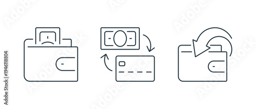 Minimal finance and payment line icon set including wallet, money transfer, credit card, banking document, invoice, accounting report and financial transaction symbols linear flat vector illustration.