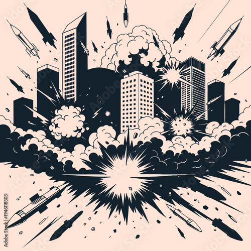 City Under Siege A Dramatic Illustration of a Metropolis Under Attack by Missiles and Explosions