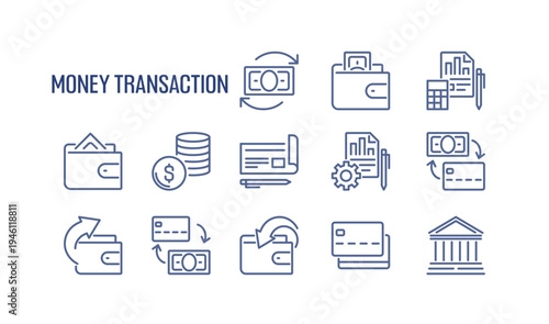 Collection of finance and payment linear icons, including wallet, money transfer, credit card, banking document, accounting report smybols drawn with thin contour lines, vector illustration.