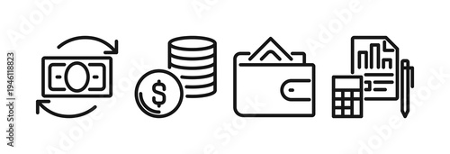 Finance and payment patterns and shapes set, line art including wallet, money transfer, banking document design elements, accounting report flat vector illustration isolated on white background.