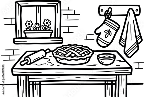 Black and white line art cozy kitchen scene with rolling pin fresh pie window flowers oven mitt hanging towel wooden table