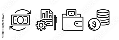 Finance and payment patterns and shapes set, line art including wallet, money transfer, banking document design elements, accounting report flat vector illustration isolated on white background.