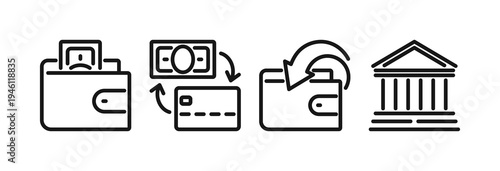 Finance and payment patterns and shapes set, line art including wallet, money transfer, banking document design elements, accounting report flat vector illustration isolated on white background.