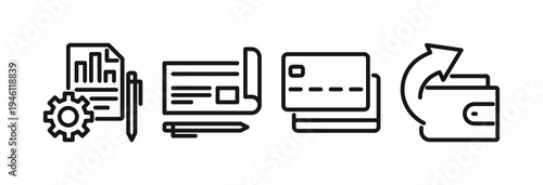 Finance and payment patterns and shapes set, line art including wallet, money transfer, banking document design elements, accounting report flat vector illustration isolated on white background.