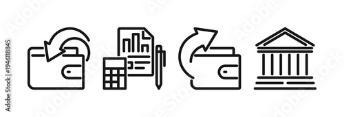 Finance and payment patterns and shapes set, line art including wallet, money transfer, banking document design elements, accounting report flat vector illustration isolated on white background.