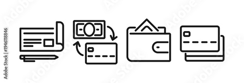 Finance and payment patterns and shapes set, line art including wallet, money transfer, banking document design elements, accounting report flat vector illustration isolated on white background.