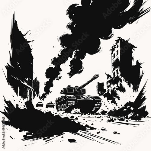 A devastating scene of destruction and warfare with tanks and smoke billowing from ruined buildings, illustrating the harsh realities of conflict and its aftermath