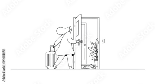 Vector illustration of a woman entering a room with luggage